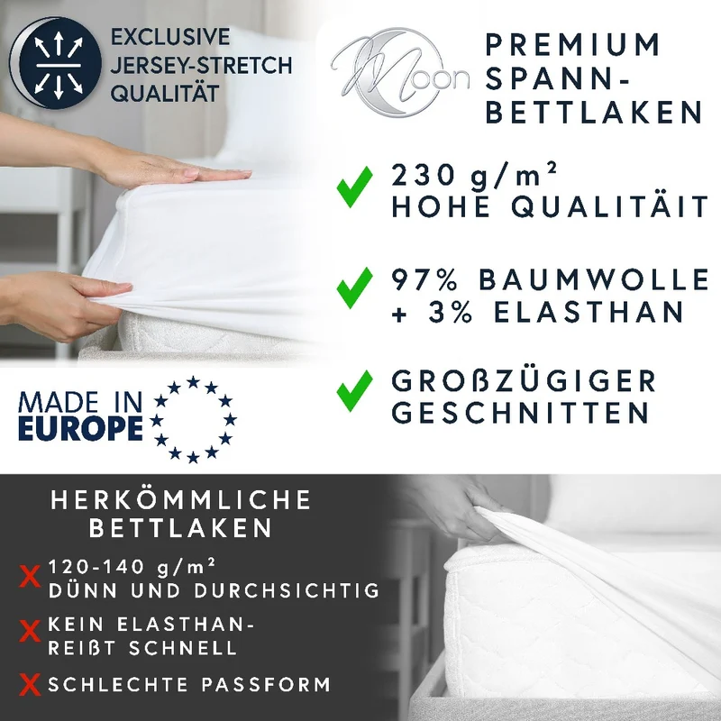 Moon-Luxury Topper Spannbettlaken Jersey 97% Mako-Baumwolle 3% Elastan, 230g/m²
