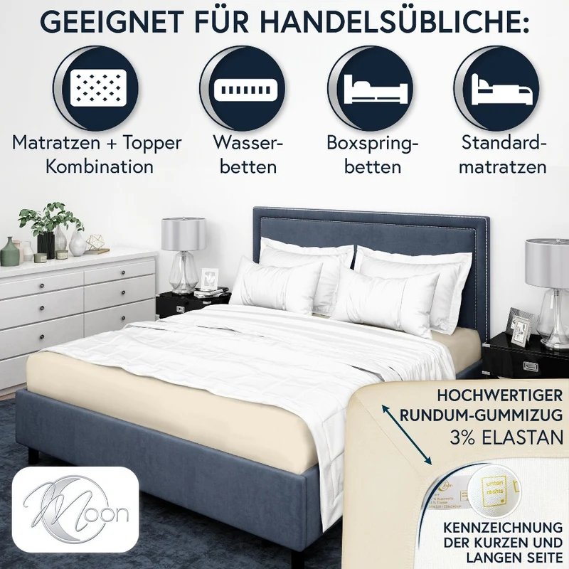 Moon-Luxury Topper Spannbettlaken Jersey 97% Mako-Baumwolle 3% Elastan, 230g/m²