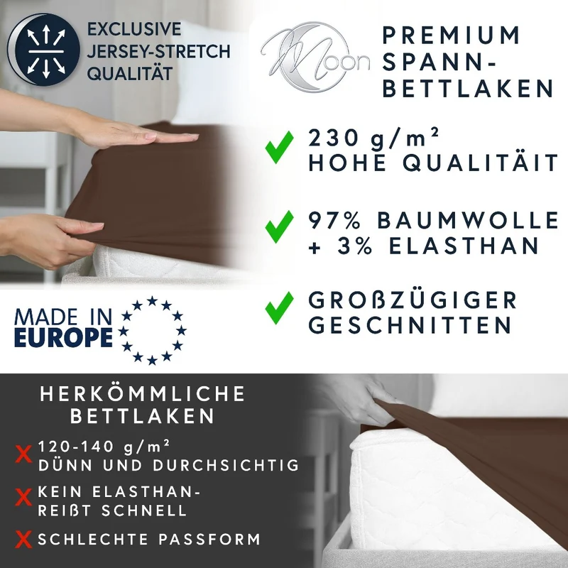 MOON-Luxury Spannbettlaken Jersey Stretch 230g/m² 97% Mako-Baumwolle 3% Elastan