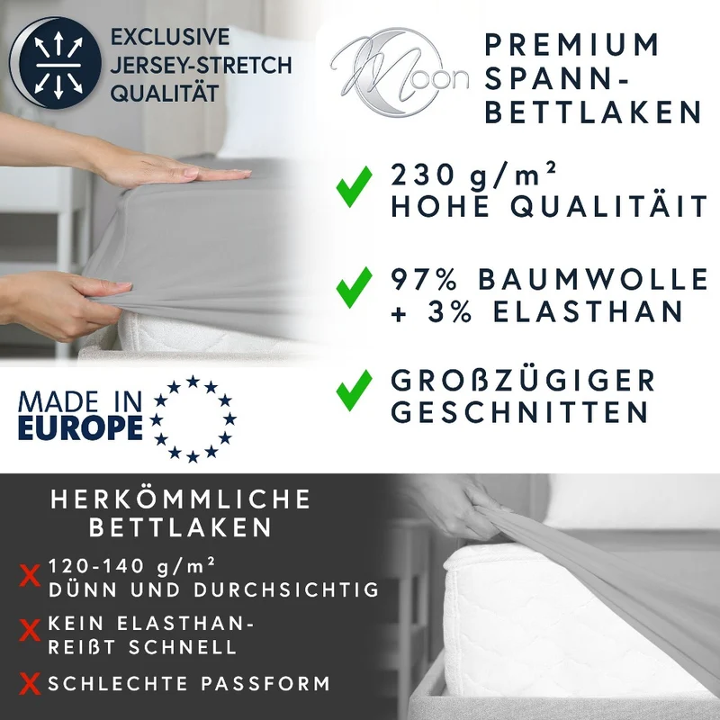 MOON-Luxury Spannbettlaken Jersey Stretch 230g/m² 97% Mako-Baumwolle 3% Elastan