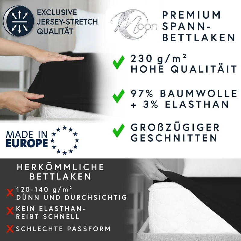 MOON-Luxury Spannbettlaken Jersey Stretch 230g/m² 97% Mako-Baumwolle 3% Elastan