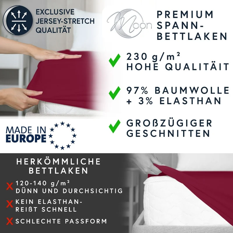 MOON-Luxury Spannbettlaken Jersey Stretch 230g/m² 97% Mako-Baumwolle 3% Elastan
