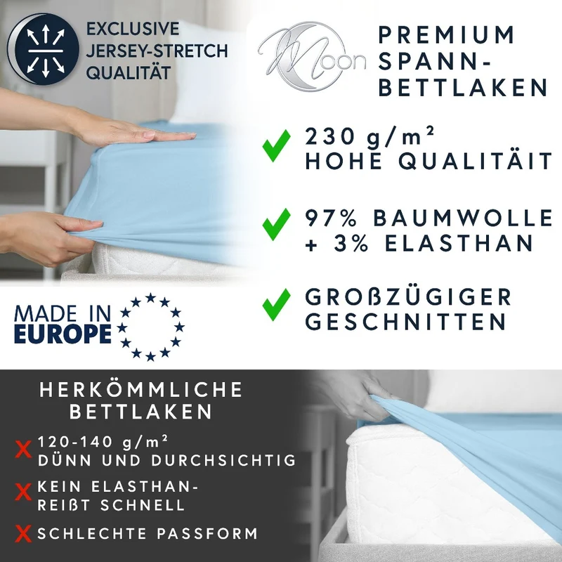 MOON-Luxury Spannbettlaken Jersey Stretch 230g/m² 97% Mako-Baumwolle 3% Elastan
