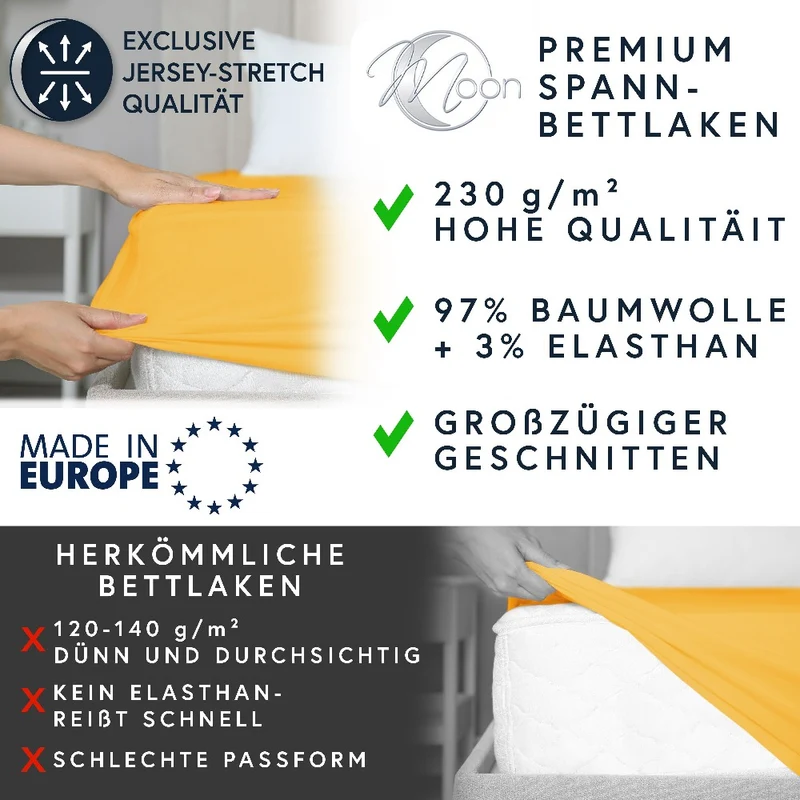 MOON-Luxury Spannbettlaken Jersey Stretch 230g/m² 97% Mako-Baumwolle 3% Elastan