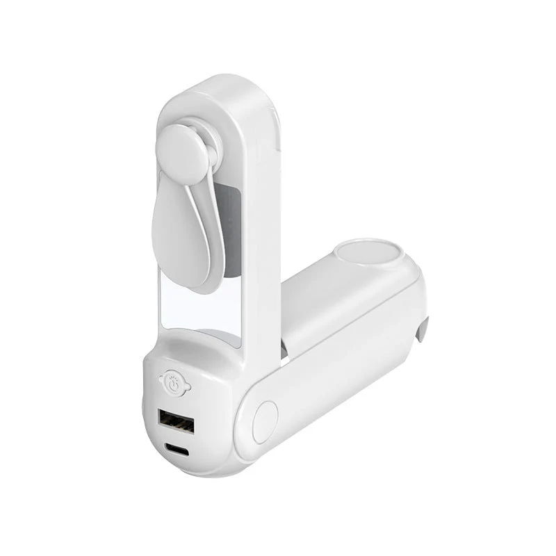 Unisex nan sammenleggbar håndholdt vifte med innebygd USB power bank og kompakt speil Luvikno