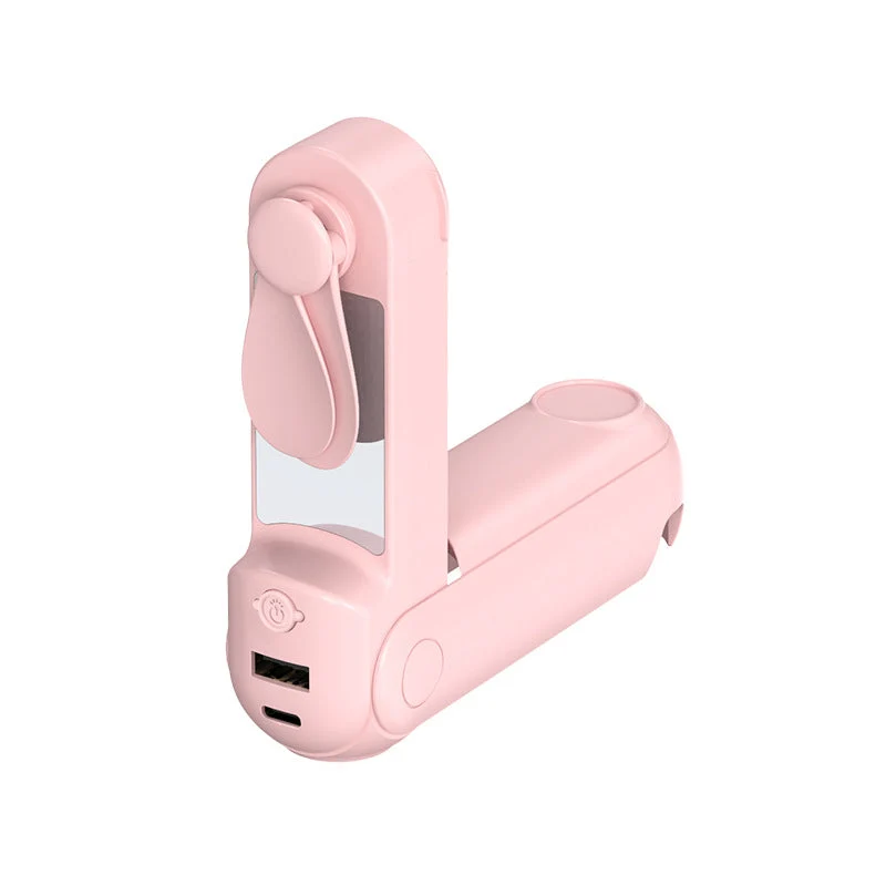 Unisex nan sammenleggbar håndholdt vifte med innebygd USB power bank og kompakt speil Luvikno