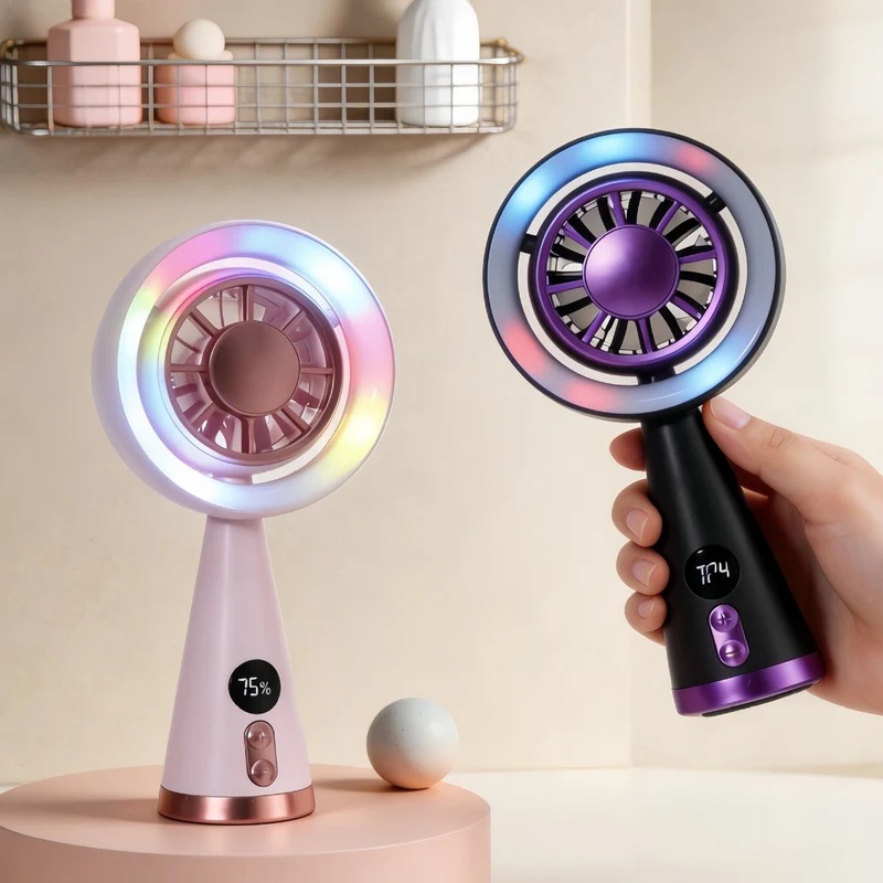Bærbar håndvifte med RGB-LED-belysning og presis temperaturvisning Luvikno