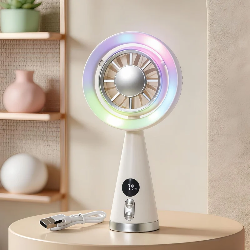 Bærbar håndvifte med RGB-LED-belysning og presis temperaturvisning Luvikno