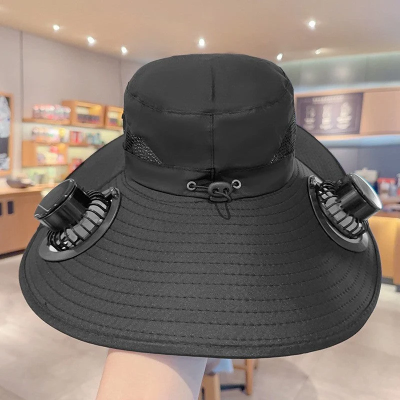 Solhatt med doble USB-vifter, pustende mesh og justerbar hakestrikk Luvikno