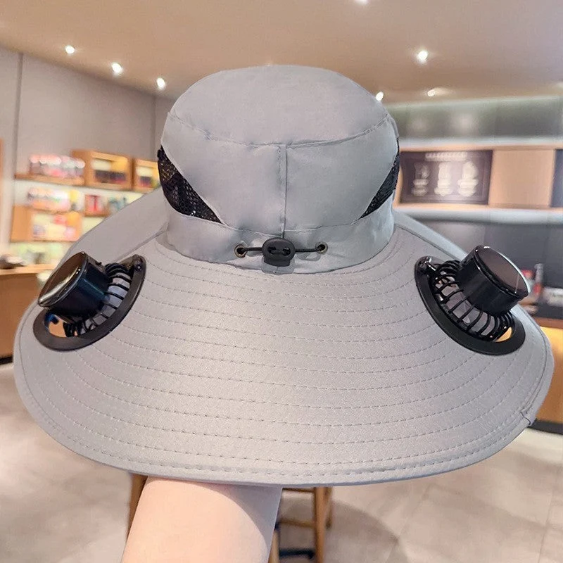 Solhatt med doble USB-vifter, pustende mesh og justerbar hakestrikk Luvikno
