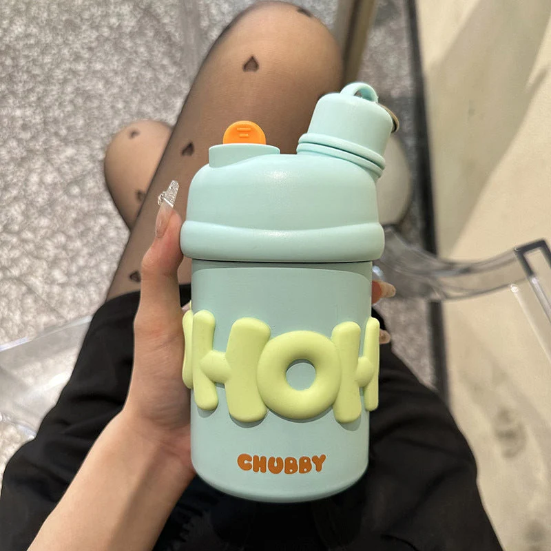 Damen isolierte Wasserflasche mit ergonomischem Tragegriff und fröhlichem Motiv Luvikno