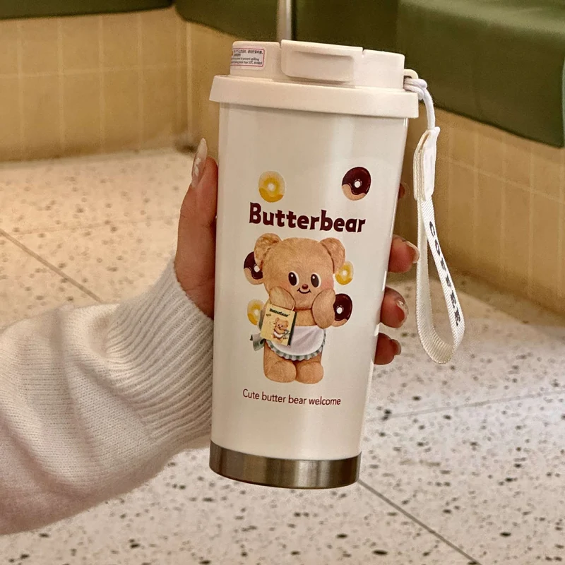 Damen-Isolier-Trinkflasche mit praktischem Tragegriff und niedlichem Tiermotiv Luvikno