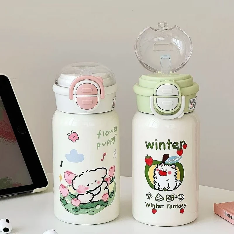 Damen Isolier-Trinkflasche mit integriertem Sicherheitsverschluss und helles Tierdesign Luvikno