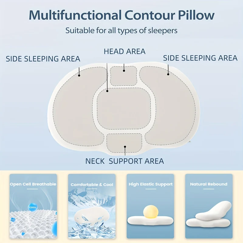 1pc Oval Macaron Pute Cervical Hukommelses Skum Pute, Kjølende Seng Pute For Søvn - Nakke Pute For Smertelindring Søvn, Kontur Støtte Ergonomisk Pute For Side Rygg Mage Sovere Ved Å Bruke Høy Og Lav Deling | Luvikno