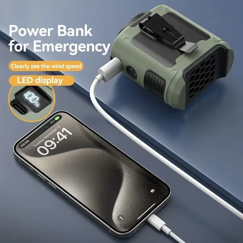 10000mAh Bærbar Utendørs Livmorvifte – Hengende Nakke & Sterk Vind med Power Bank & LED Belysning | Luvikno