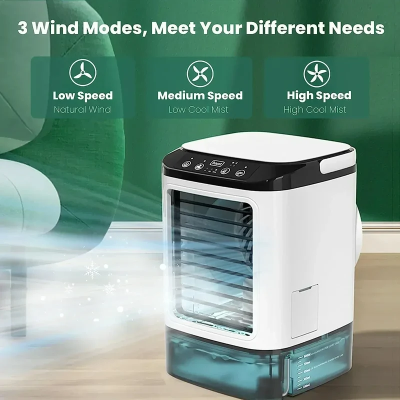 Portabel Mini Luftkondisjoner – 3-hastighets liten AC-enhet med 900ML vanntank, elektrisk vifte og avfukter for soverom og kontor | Luvikno