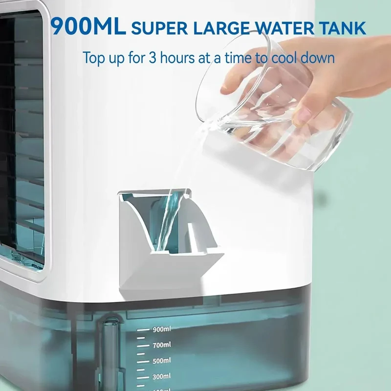 Portabel Mini Luftkondisjoner – 3-hastighets liten AC-enhet med 900ML vanntank, elektrisk vifte og avfukter for soverom og kontor | Luvikno