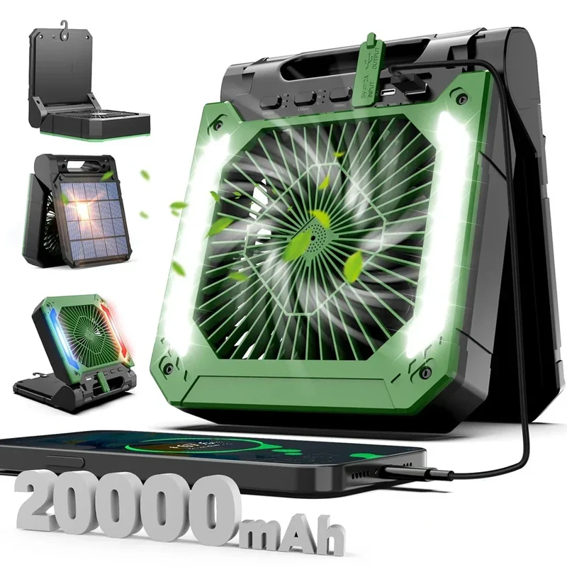 20000mAh Bærbar Elektrisk Vifte med LED Lys — USB, Sol & Bil Lading for Camping | Luvikno