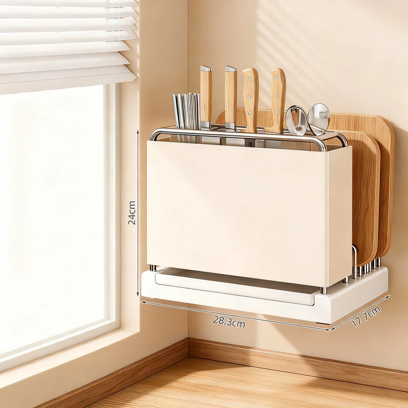 Multifunctional kitchen shelf with knife holder and draining tray