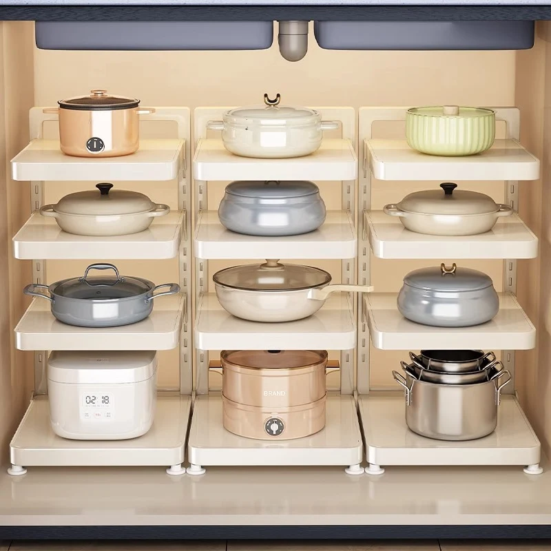 Multi-tier kitchen shelf for pots and pans