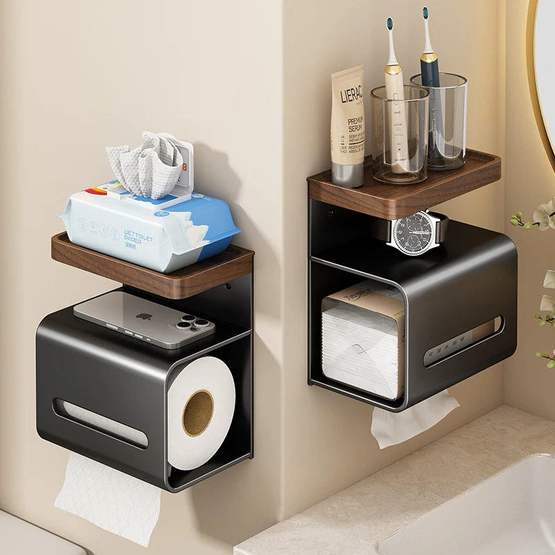 Wall mount for toilet paper, walnut wood design