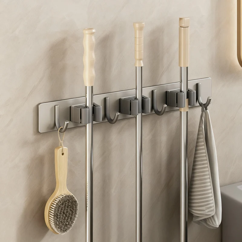 Wall bracket for brooms and mops made of stainless steel