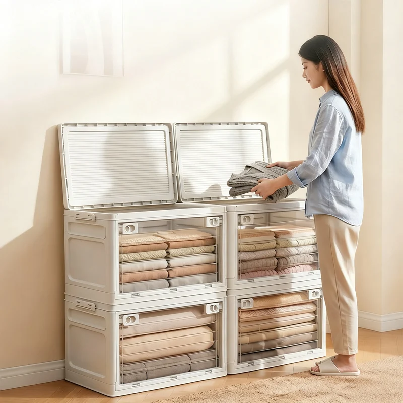Transparent collapsible storage box with lid