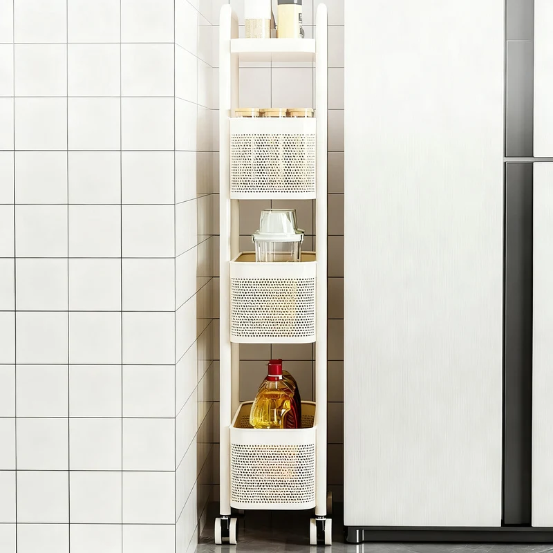 Narrow shelf made of carbon steel, 4 levels, movable