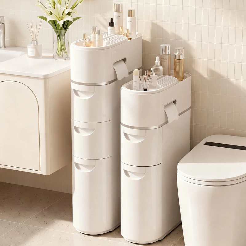 Narrow bathroom drawer cabinet, PP plastic
