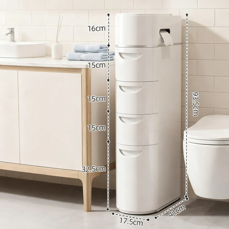Narrow bathroom drawer cabinet, PP plastic