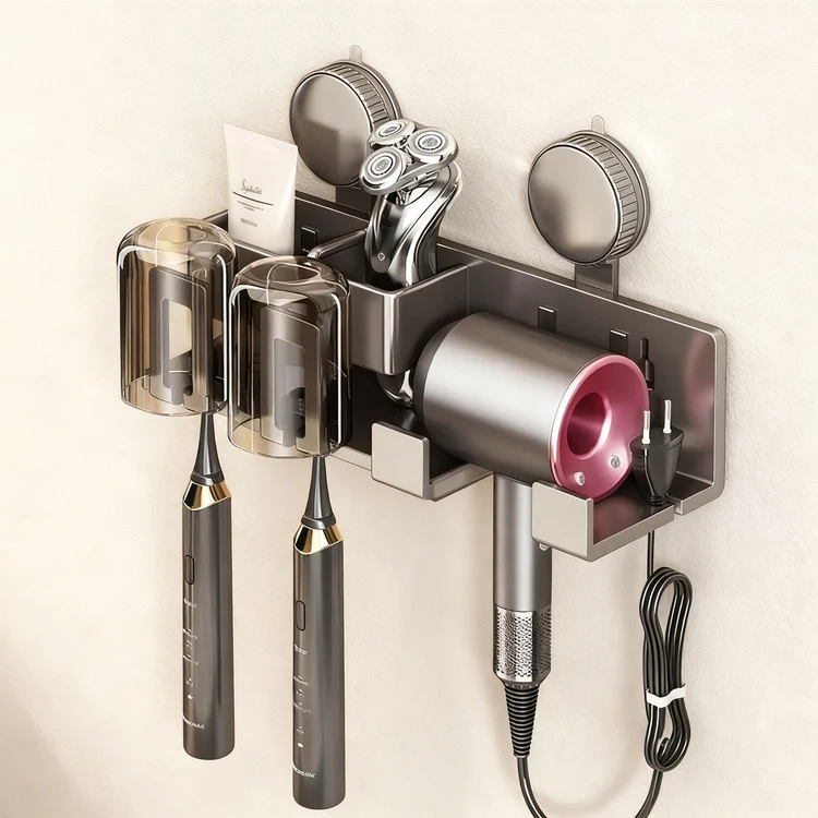 Suction cup toothbrush and hair dryer holder, wall-mounted