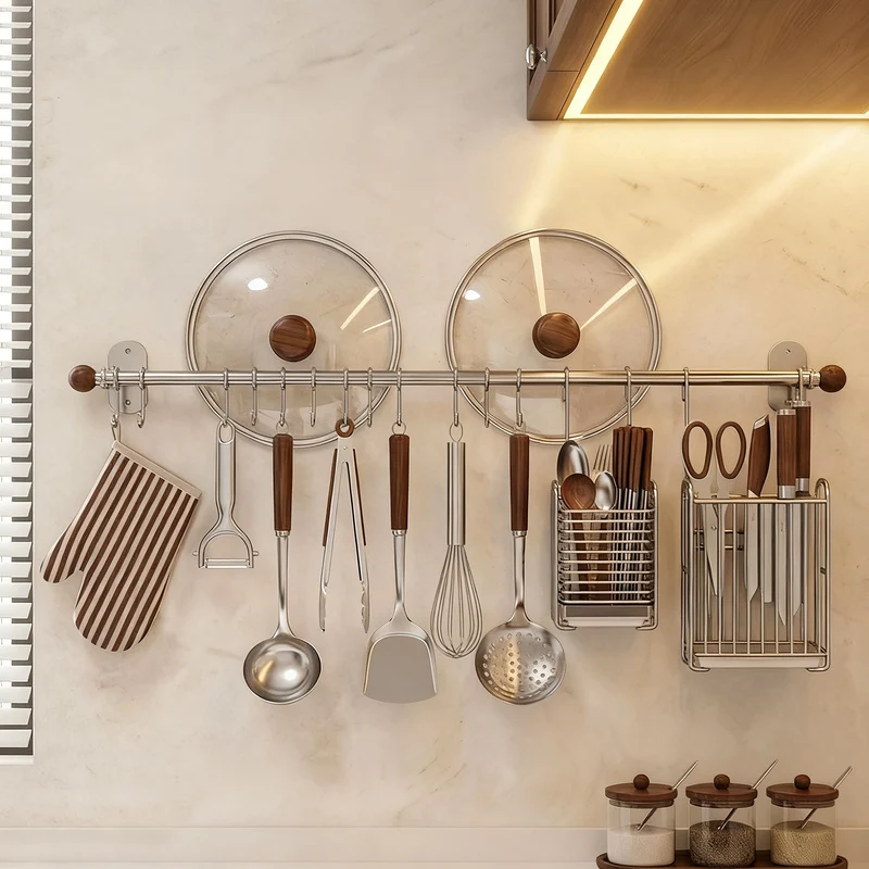 Wall mount made of stainless steel with hooks for kitchen utensils