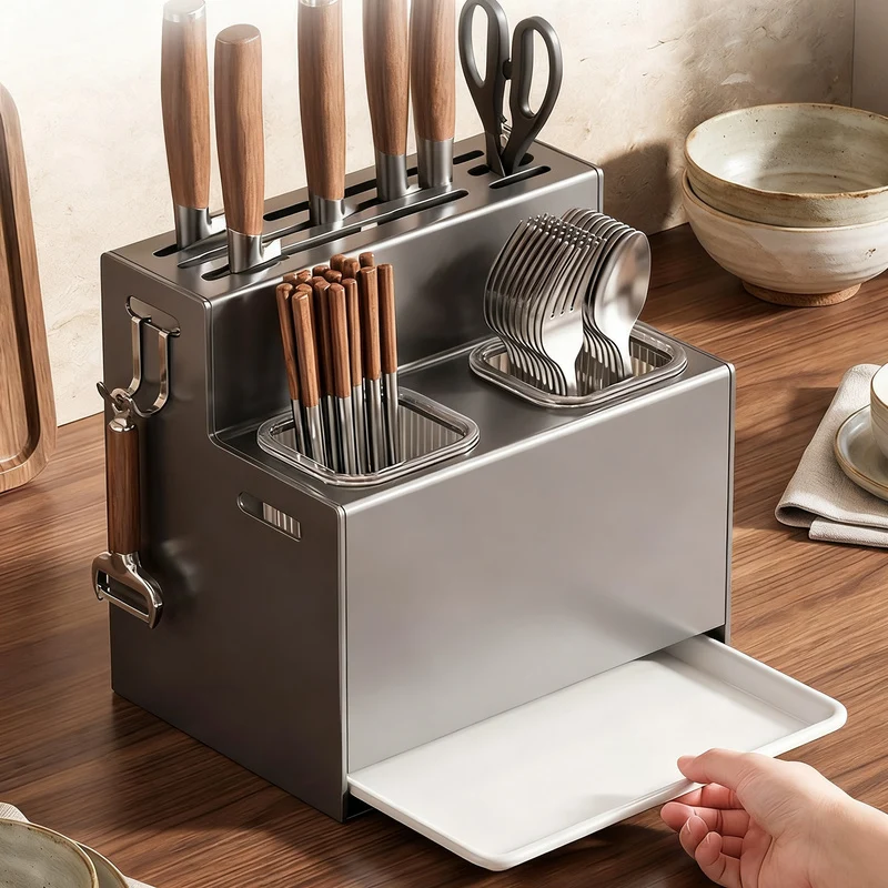 Knife and cutlery rack made of carbon steel for the countertop