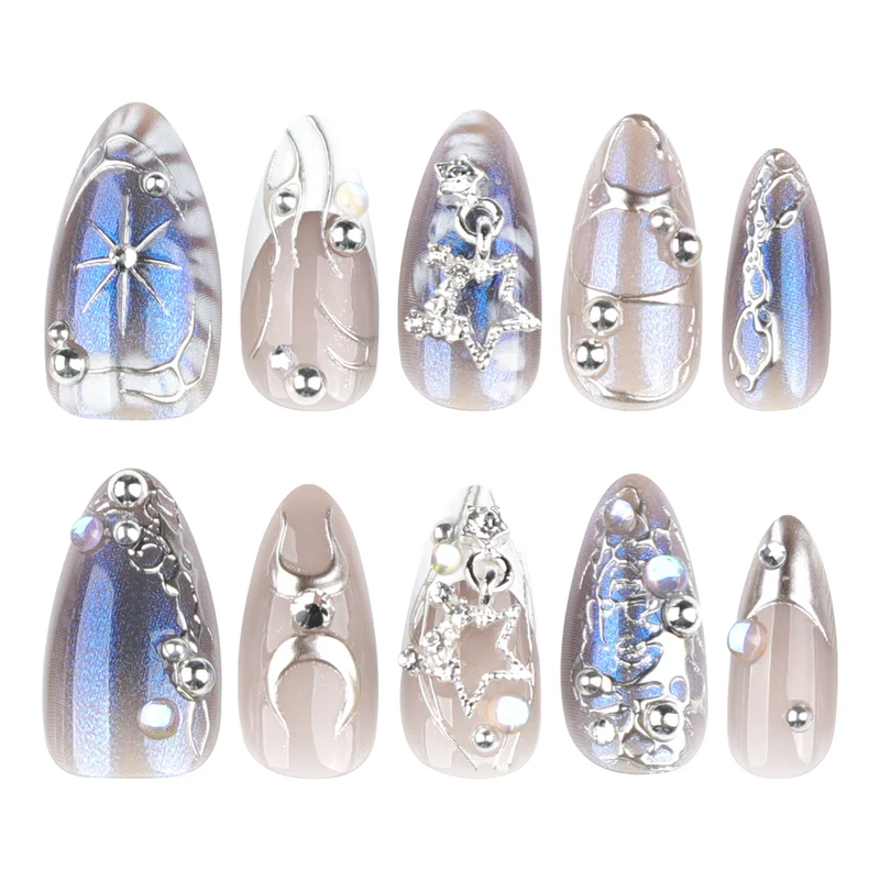 Artful Nail Extensions with Shiny Metal Accents Stornfield