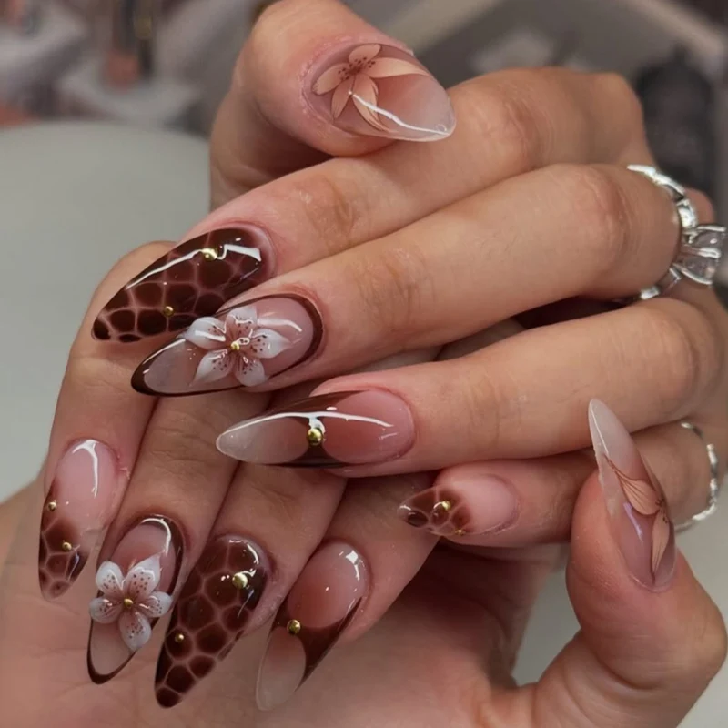 Artful Nail Extensions with Floral Accents Stornfield