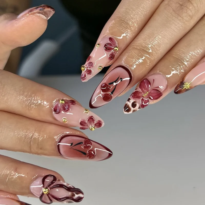 Artful Nail Extensions with Floral Accents Stornfield
