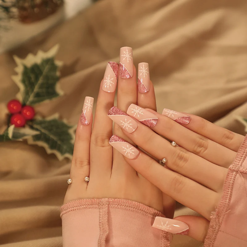 Artful Nail Extensions with Festive Glitter and Snowflake Design Stornfield