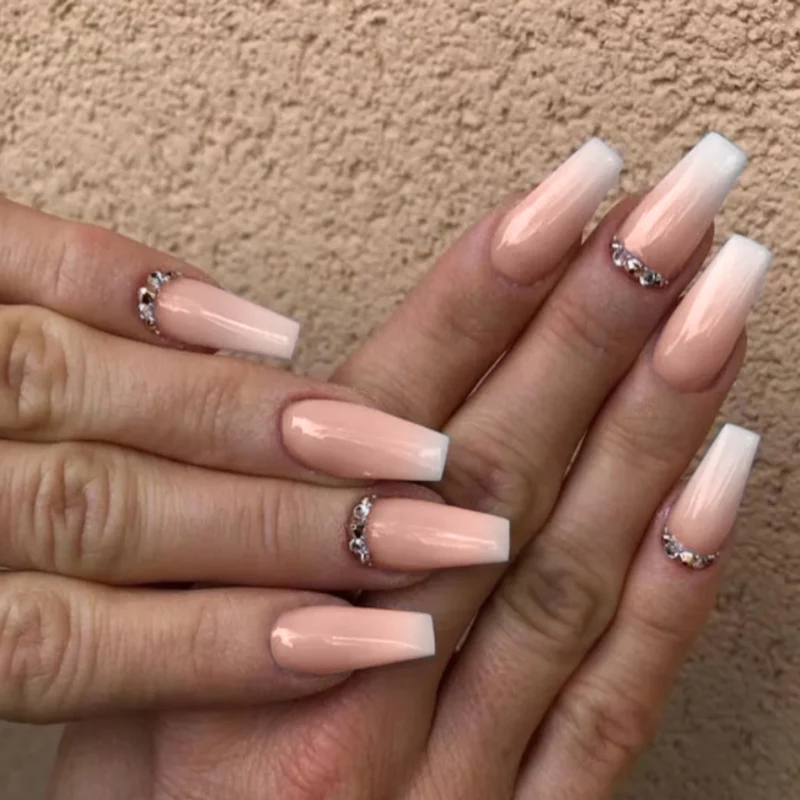 Artful Nail Extensions with Elegant Ombre Design and Rhinestone Accents Stornfield
