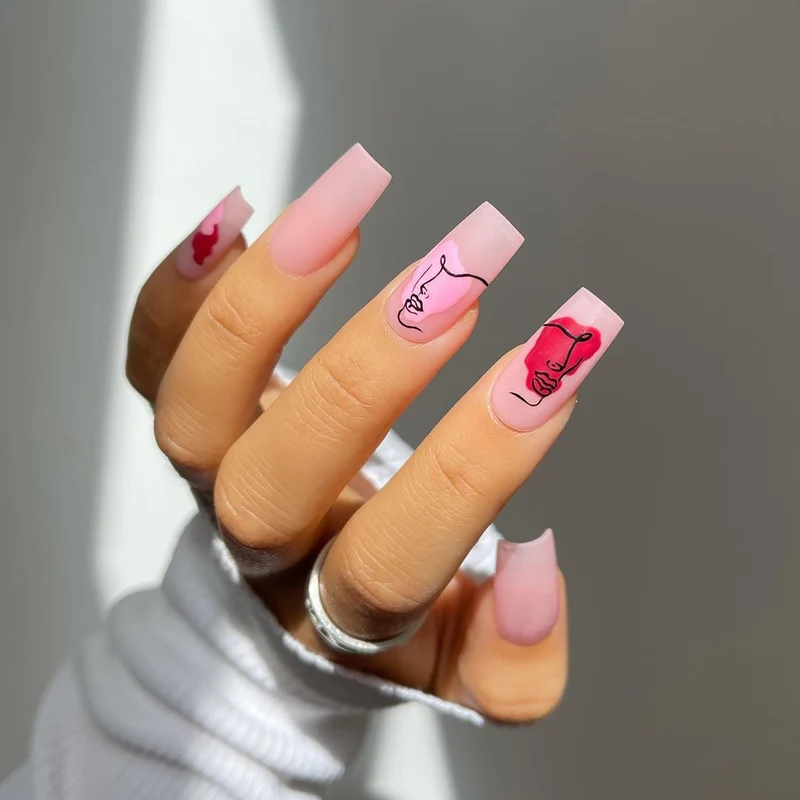 Artful Nail Extensions with Abstrahized Face Drawing Stornfield