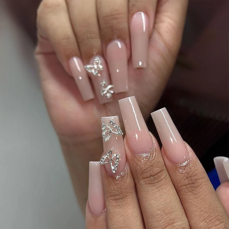 Elegant Long Coffin Nail Extensions with Butterfly Accents Stornfield