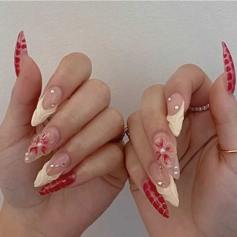 Artistic Floral and Texture Stiletto Nail Extensions Stornfield
