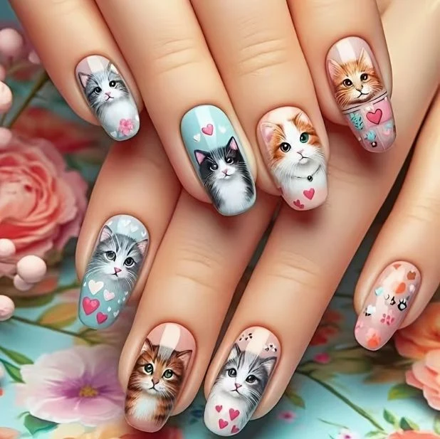 Artistic Cat-Themed Nail Extensions Stornfield