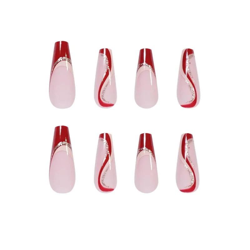 Glamorous artificial nails with elegant wave pattern and glitter accents Stornfield