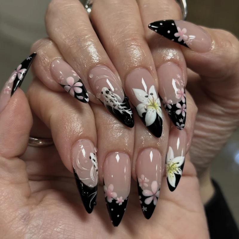 Elegant Nail Extensions with Creative Flowers and Black-White Patterns Stornfield