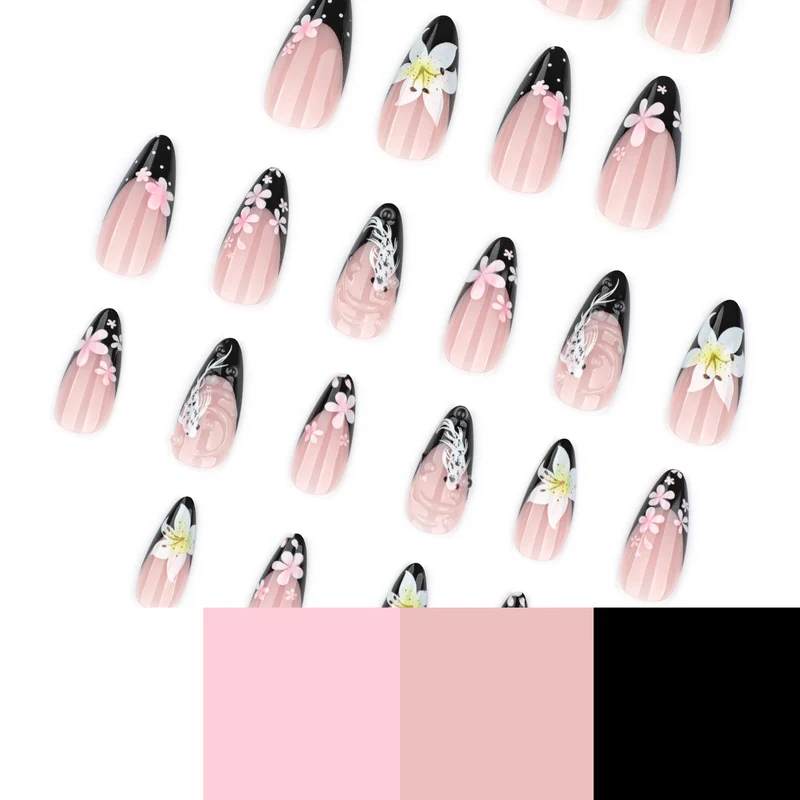 Elegant Nail Extensions with Creative Flowers and Black-White Patterns Stornfield
