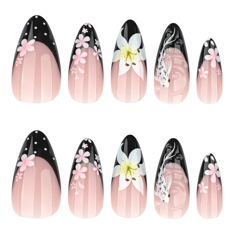 Elegant Nail Extensions with Creative Flowers and Black-White Patterns Stornfield