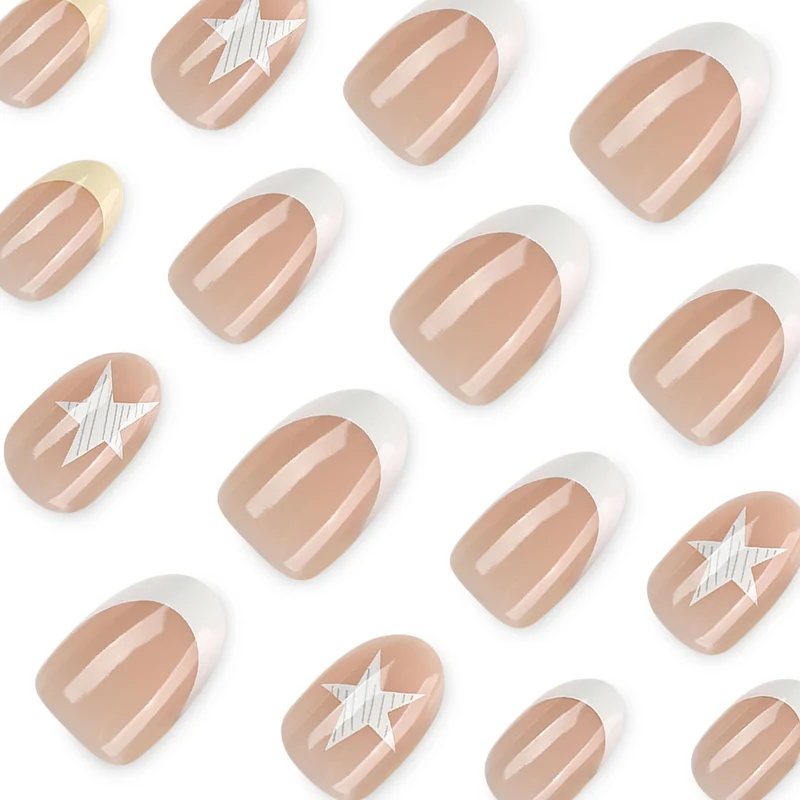 Elegant artificial nails with classic French tip and intricate star design Stornfield