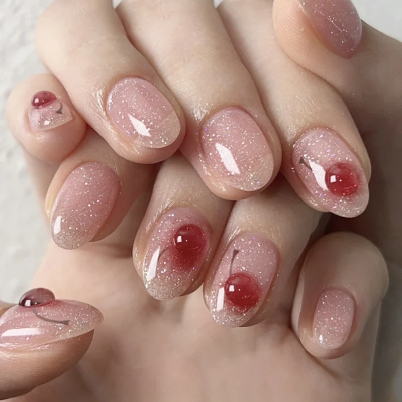 Elegant artificial nails with glitter and cherry motif Stornfield