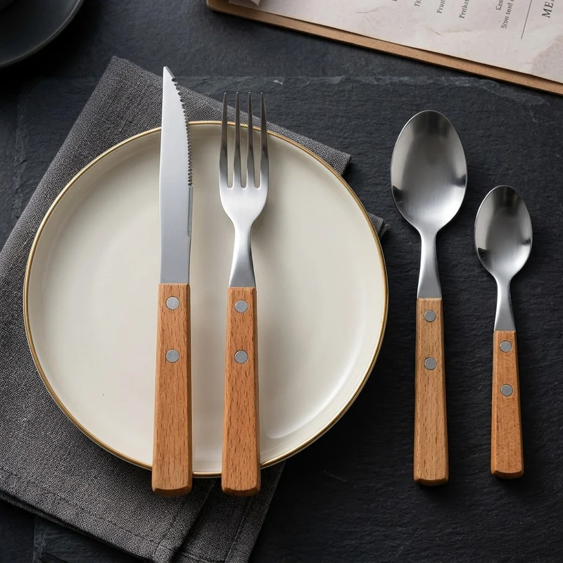 Cutlery set 12-piece, stainless steel with wooden handle