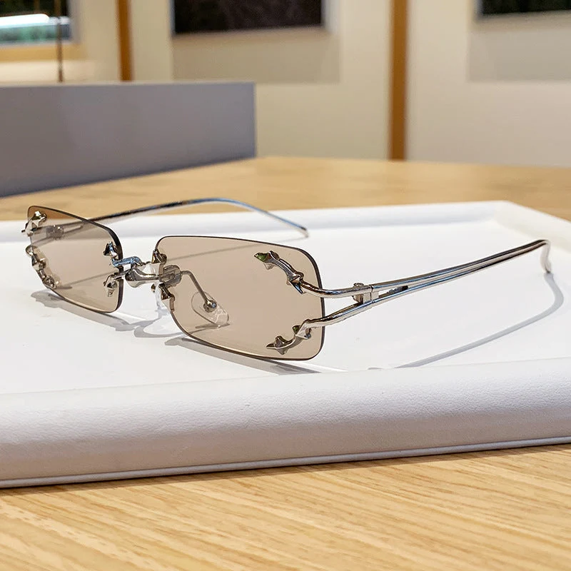 Dame moteriserte solbriller med filigran metallramme og transparente glass Luvikno